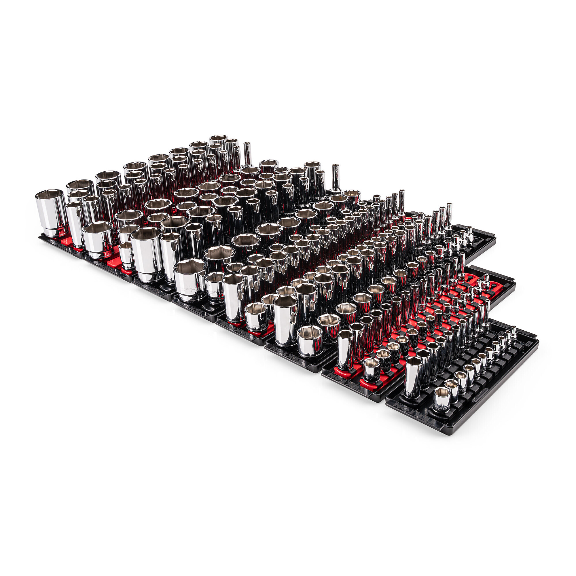 TEKTON 1/4, 3/8, 1/2 Inch Drive Shallow and Deep 6-Point Socket Set with Rails and Trays (214-Piece) | SHD99202
